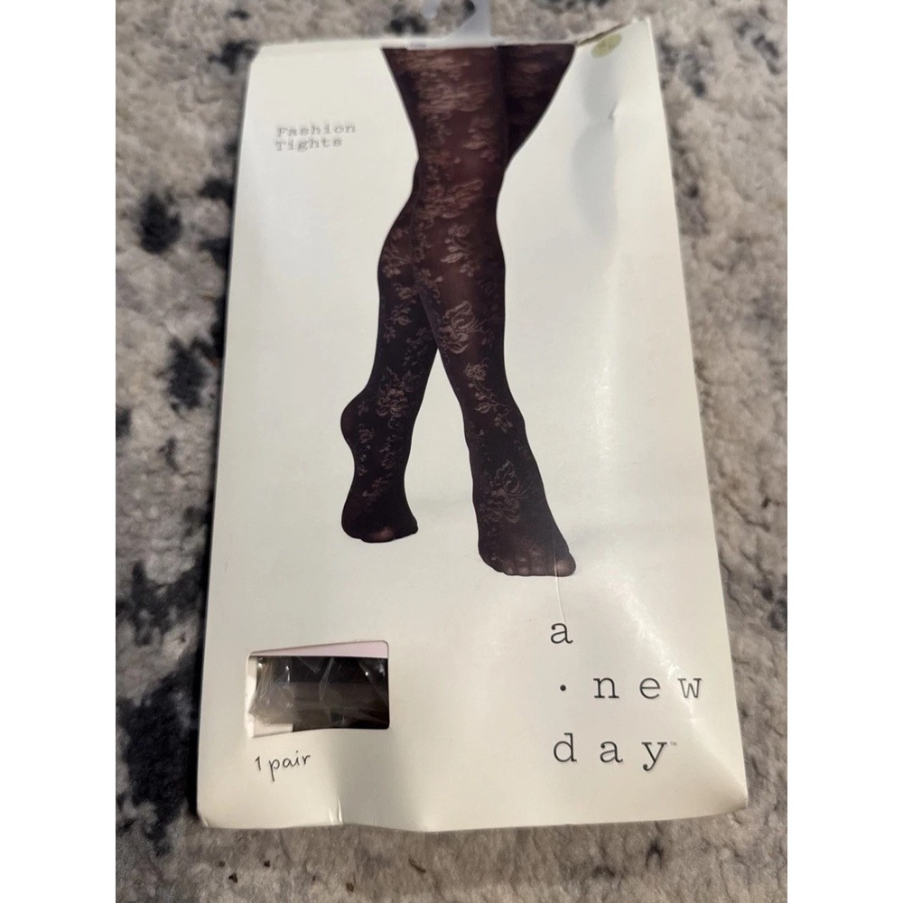 A New Day Women's Floral Tights Black M/L Sheer High Waisted